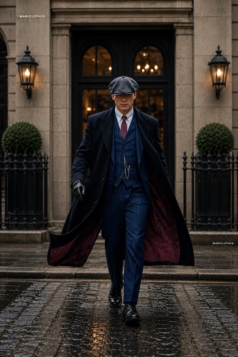 Vintage Navy Pinstripe Wedding Suit, Men’s Bespoke 3 Piece Suit, Peaky Blinders Style Suit, Custom Tailored Formal Attire image 1