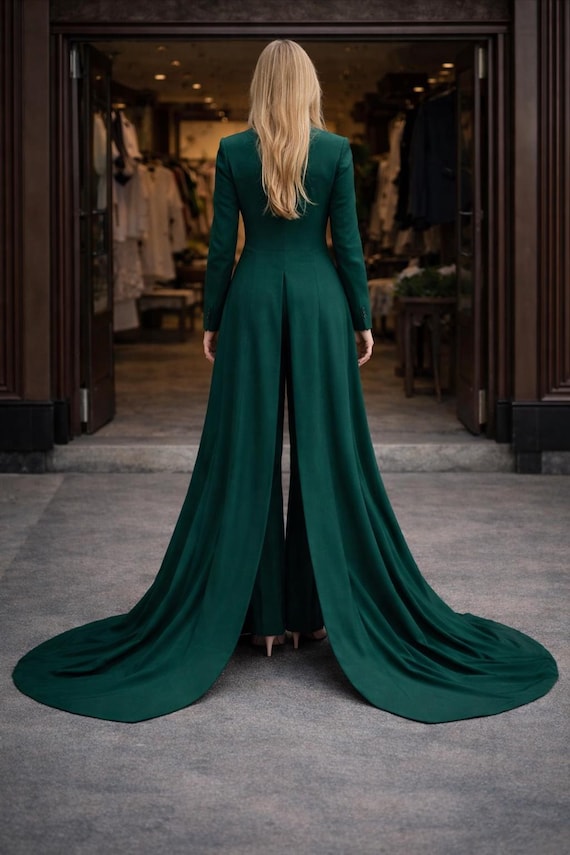 emerald green suit dress Women's Tailcoat Suit, Custom Tuxedo Pantsuit, Formal Wedding Suit, Long Train Blazer, Bridal Reception Outfit Markdown