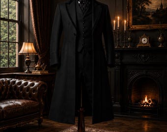 Men's Black Wool Frock Coat Waistcoat Set – Gothic Victorian Outfit By Mariclothig