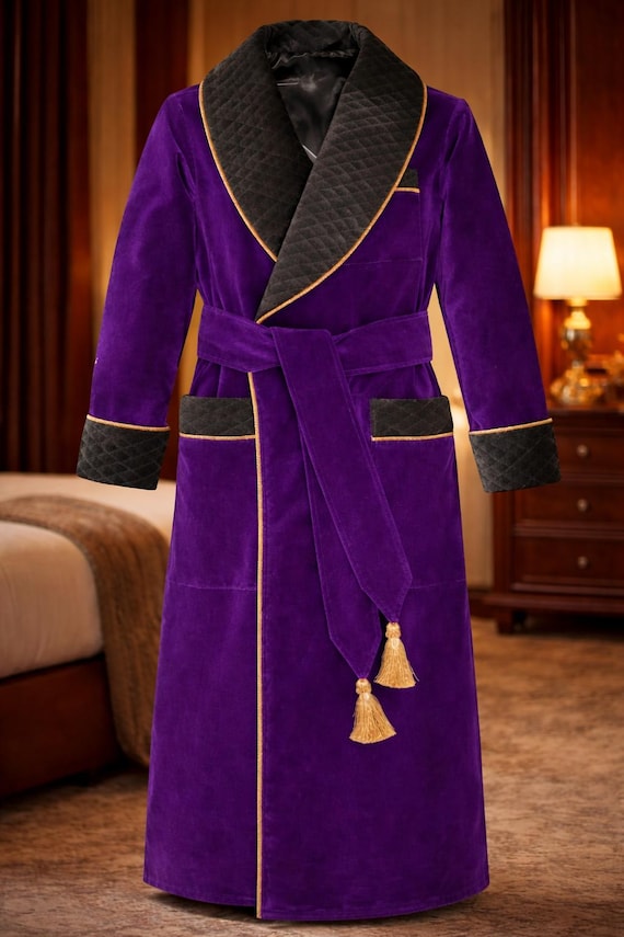 Men's Purple Velvet Smoking Robe, Luxury Dressing Gown, Quilted Shawl Collar, Designer Loungewear by MARICLOTHIG