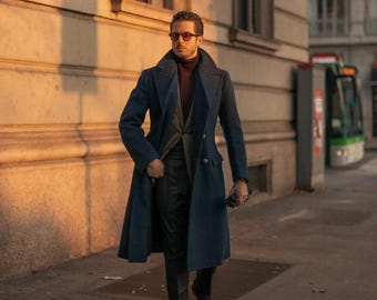 Men’s Navy Blue Long Overcoat – Elegant  Double  Breasted Trench Coat