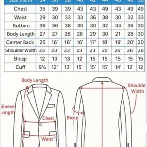 May include: Diagram of a suit jacket with labeled measurements, including chest, waist, and body length, alongside a size chart in inches for Korean-style suits. The chart lists sizes from 34 to 50.