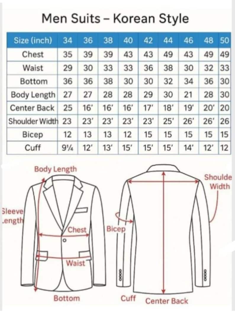 May include: Diagram of a suit jacket with labeled measurements, including chest, waist, and body length, alongside a size chart in inches for Korean-style suits. The chart lists sizes from 34 to 50.