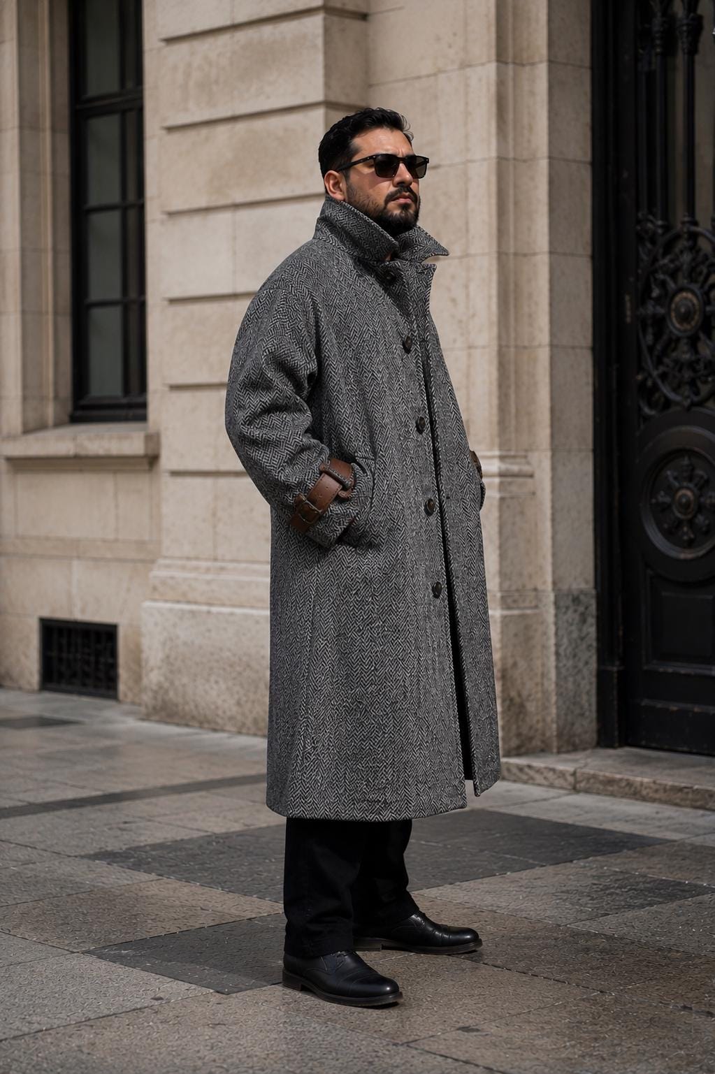 Gray Herringbone Wool Overcoat, Custom Tailored Men's Winter Coat