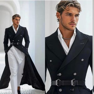 May include: A black double-breasted overcoat with a long, flowing design, paired with a black belt and white trousers. The coat features silver buttons and a tailored fit. The outfit is a stylish example of formal wear.