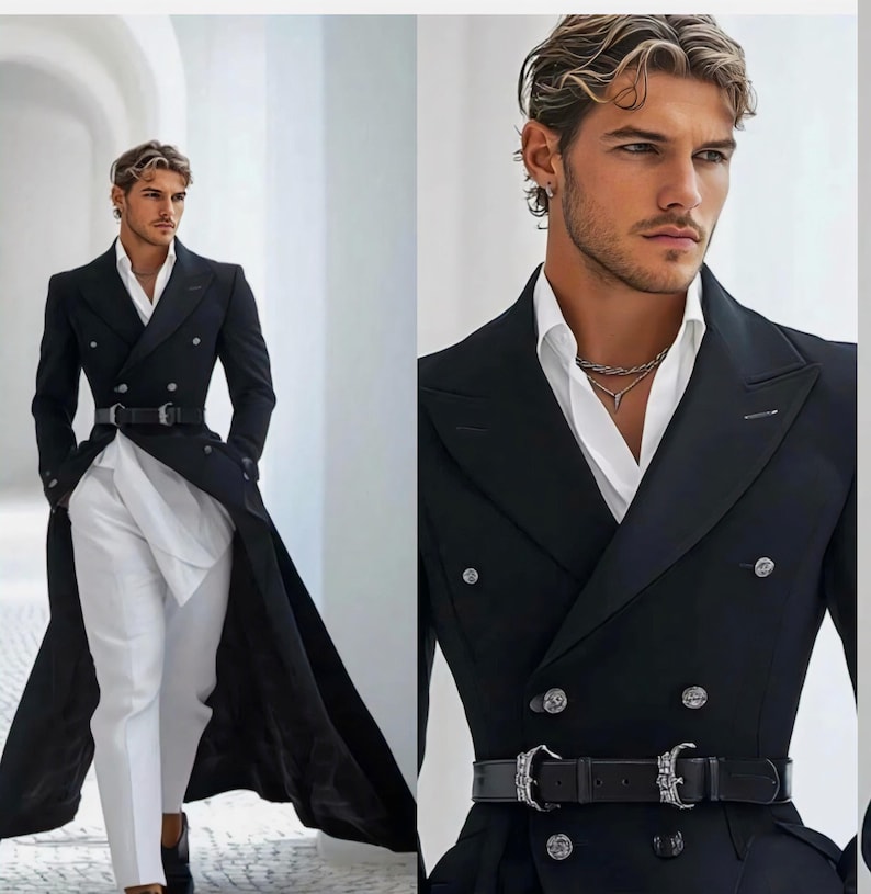 May include: A black double-breasted overcoat with a long, flowing design, paired with a black belt and white trousers. The coat features silver buttons and a tailored fit. The outfit is a stylish example of formal wear.