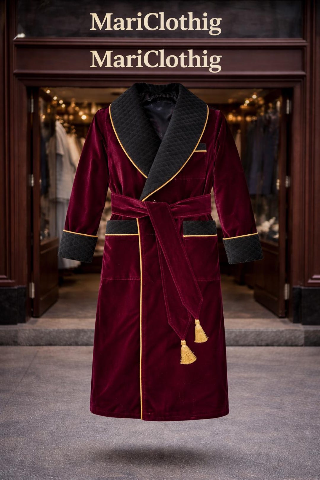 Luxury Burgundy Velvet Robe for Men, Quilted Shawl Collar Smoking ...