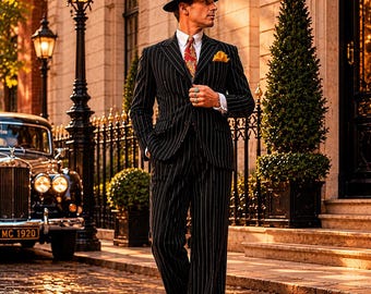 Vintage Black Stripe Suit Men, 1920s Wedding Attire, Retro Gentleman Outfit