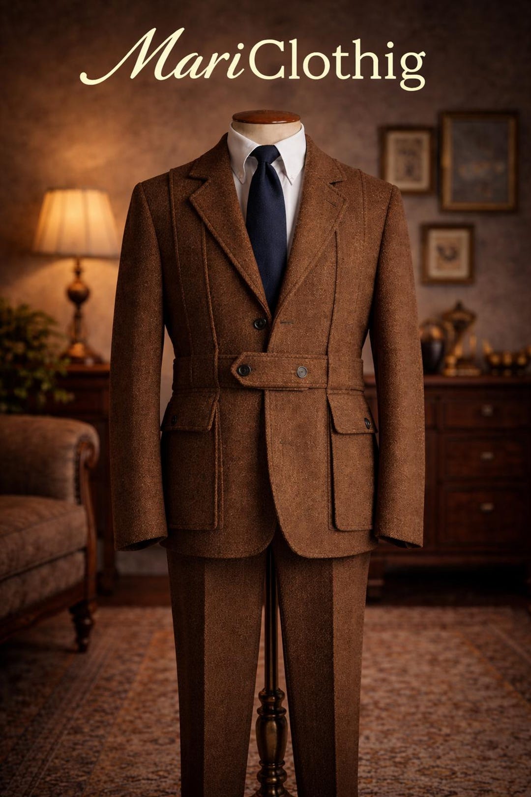 Brown Tweed Belted Suit Men | Vintage 1930s Inspired Wool Suit