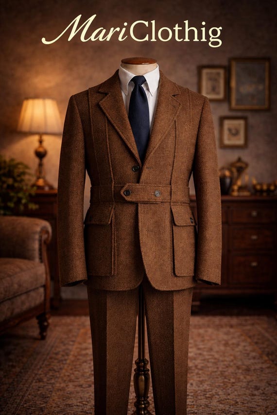 Brown Tweed Belted Suit Men | Vintage 1930s Inspired Wool Suit