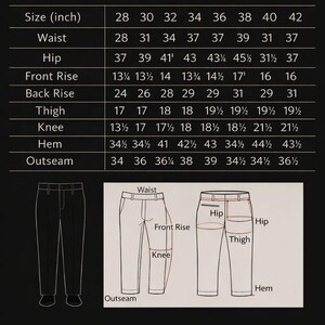 May include: Image of a size chart for capri pants, with measurements in inches. The chart includes waist, hip, front rise, back rise, thigh, knee, hem, and outseam measurements for sizes 28 to 42. Diagrams illustrate pant measurements.
