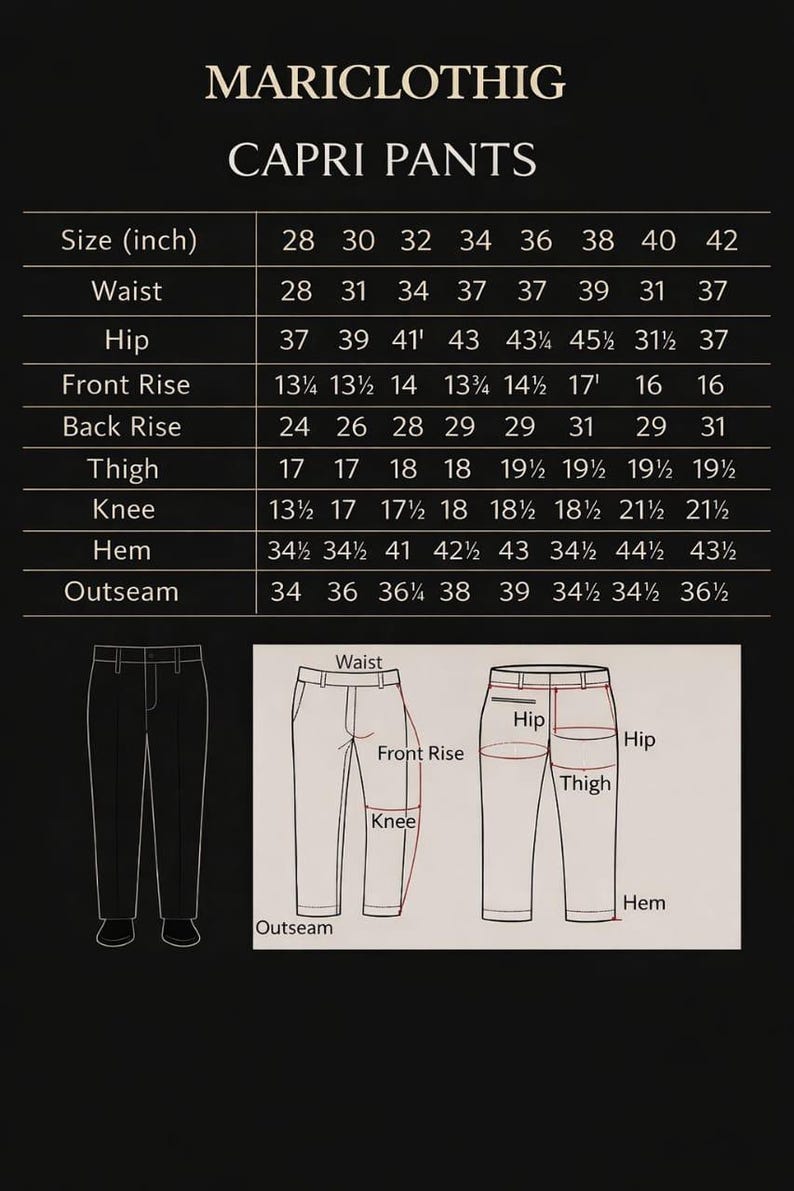 May include: Image of a size chart for capri pants, with measurements in inches. The chart includes waist, hip, front rise, back rise, thigh, knee, hem, and outseam measurements for sizes 28 to 42. Diagrams illustrate pant measurements.