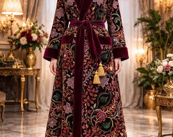 Bata larga con estampado de terciopelo burdeos para mujer, elegante bata larga con cinturón de Mariclothig