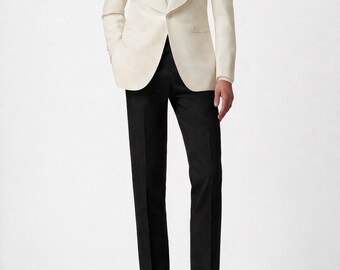 Men's Ivory Shawl Collar Blazer Suit, Black Slim Fit Trousers, Wedding Groom Formal Wear