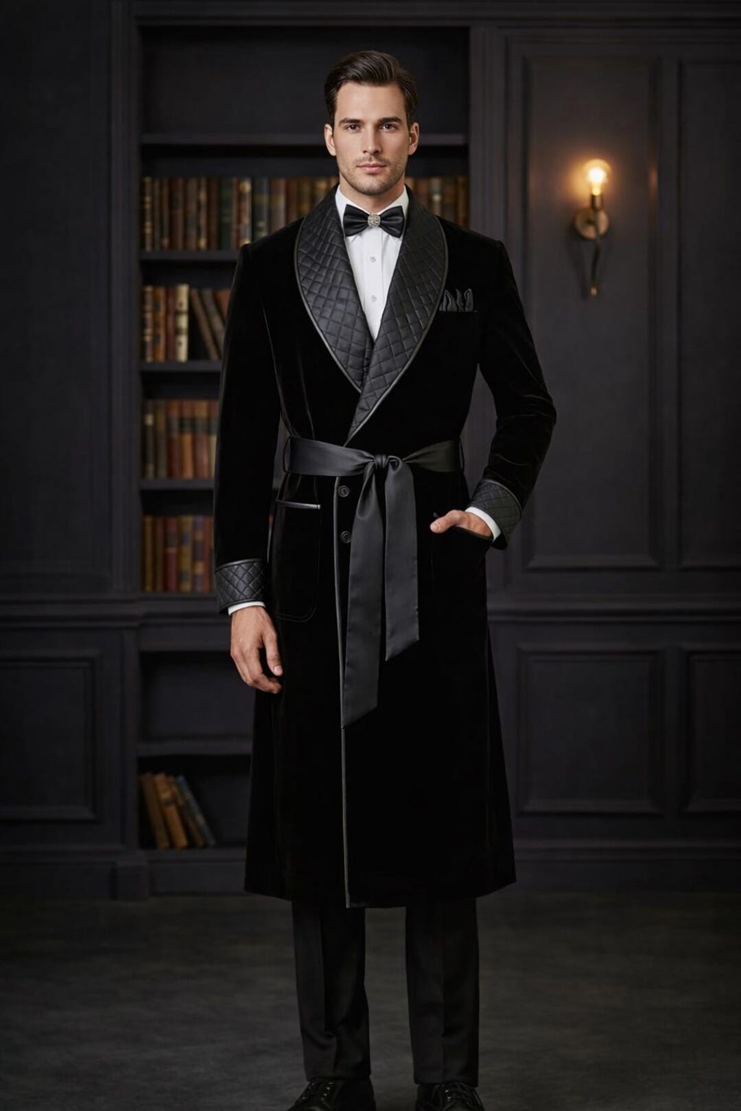 Men's Black Velvet Tuxedo Robe – Quilted Lapel, Slim Fit Evening Suit ...