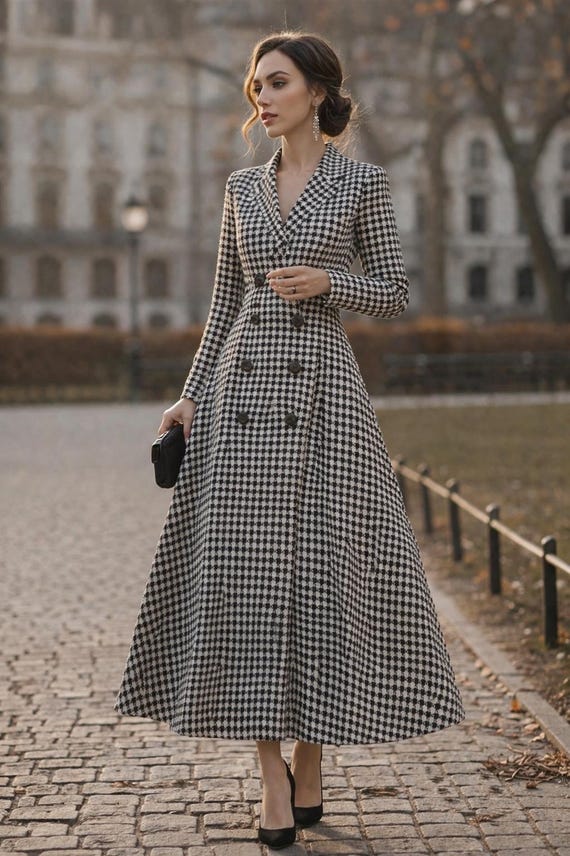 houndstooth formal dress Buy Double Breasted Coat Dress, Vintage Elegant Midi, MARICLOTHIG Outfit Online in India Houndstooth pattern