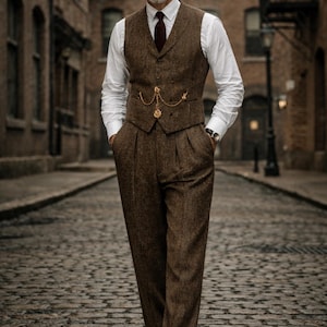 May include: A brown tweed three-piece suit with a white dress shirt and a burgundy tie. The suit includes a vest with a gold pocket watch chain, matching trousers, and a flat cap. The outfit is completed with black dress shoes.