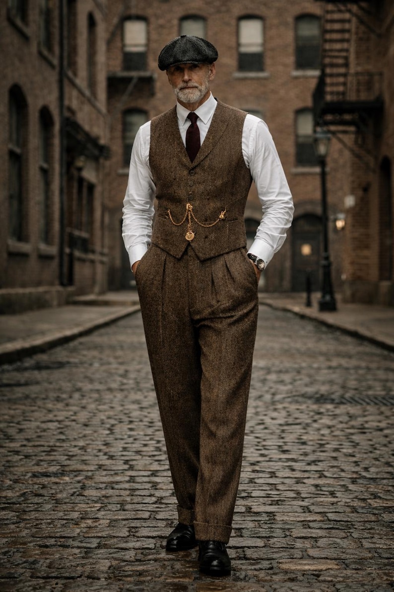 May include: A brown tweed three-piece suit with a white dress shirt and a burgundy tie. The suit includes a vest with a gold pocket watch chain, matching trousers, and a flat cap. The outfit is completed with black dress shoes.