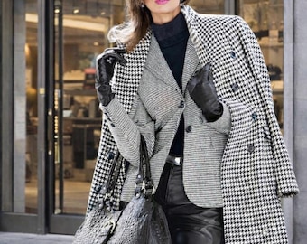 Luxury Women’s Long Coat & Blazer Set | Houndstooth Winter Coat | Designer Blazer Jacket | Elegant Street Style | MARICLOTHIG