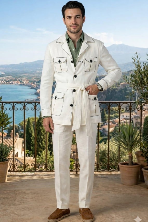 White Linen Safari Jacket and Trousers, Four Pocket Belted Suit