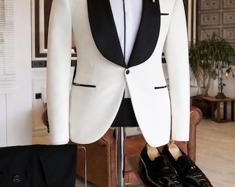 White Tuxedo Jacket, Black Shawl Lapel Dinner Suit, Custom Tailored Wedding Formalwear