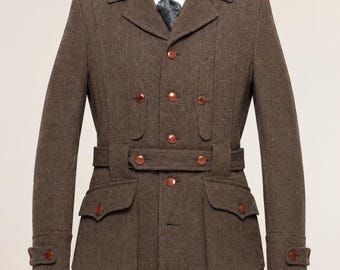 Men’s Brown Tweed Norfolk Jacket, Vintage Belted Hunting Coat, Edwardian Country Blazer, Custom Tailored Wool Jacket, Gift for Him