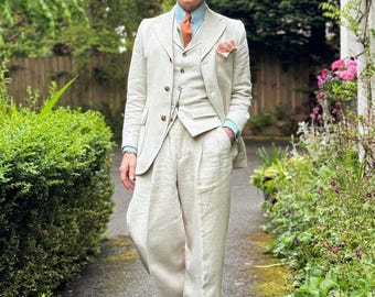Cream Linen 3 Piece Suit, Vintage Gatsby Style Wedding Outfit, Tailored Summer Formal