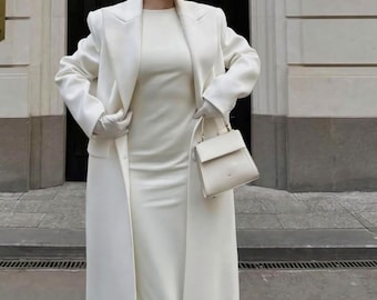 Women's oof White Terry Wool Long Coat - Women's Peak Lapel Overcoat