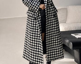 春/秋向けレディース向け千鳥格子ベルト付きウール混コート - Etsy 日本