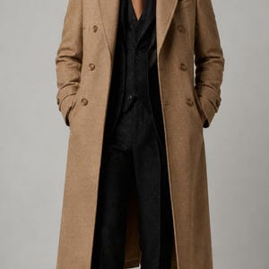 Men's Camel Wool Double-Breasted Long Overcoat, Luxury Winter Gentleman Coat