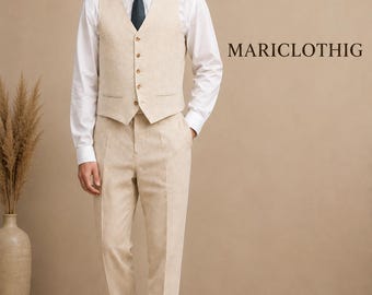 Gilet da uomo in lino su misura / Gilet da sposo beige / Gilet formale sartoriale / Abbigliamento per sposo e testimoni / MARICLOTHIG