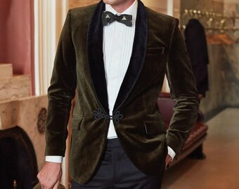 Olive Velvet Tuxedo Blazer, Black Satin Shawl Lapel, Luxury Formal Wear