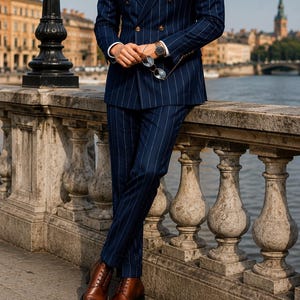 ガルニエ　ストライプ　ネイビー　ダブルブレスト スーツ　ヴィンテージ メンズ ネイビー ピンストライプ ダブルブレスト ツーピーススーツ