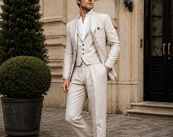 Men’s Beige Linen 3 Piece Suit | Vintage Wedding Suit | Custom Tailored Groom Attire | MARICLOTHIG