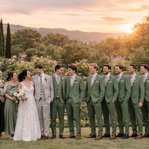 sage green bridesmaid dresses and groomsmen Suit, Beige Groom Suit, Wedding Party Set round neck prom dresses