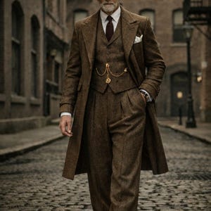 Puede incluir: Un hombre con un traje de tweed marrón, chaleco y abrigo largo camina por una calle adoquinada. Lleva una gorra plana, camisa blanca y corbata burdeos. Una cadena dorada de reloj de bolsillo cuelga del chaleco. El atuendo es clásico.