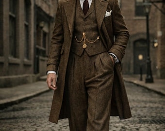 Traje de frac de tweed marrón, atuendo de novio para boda victoriana, vestimenta formal al estilo Peaky Blinders