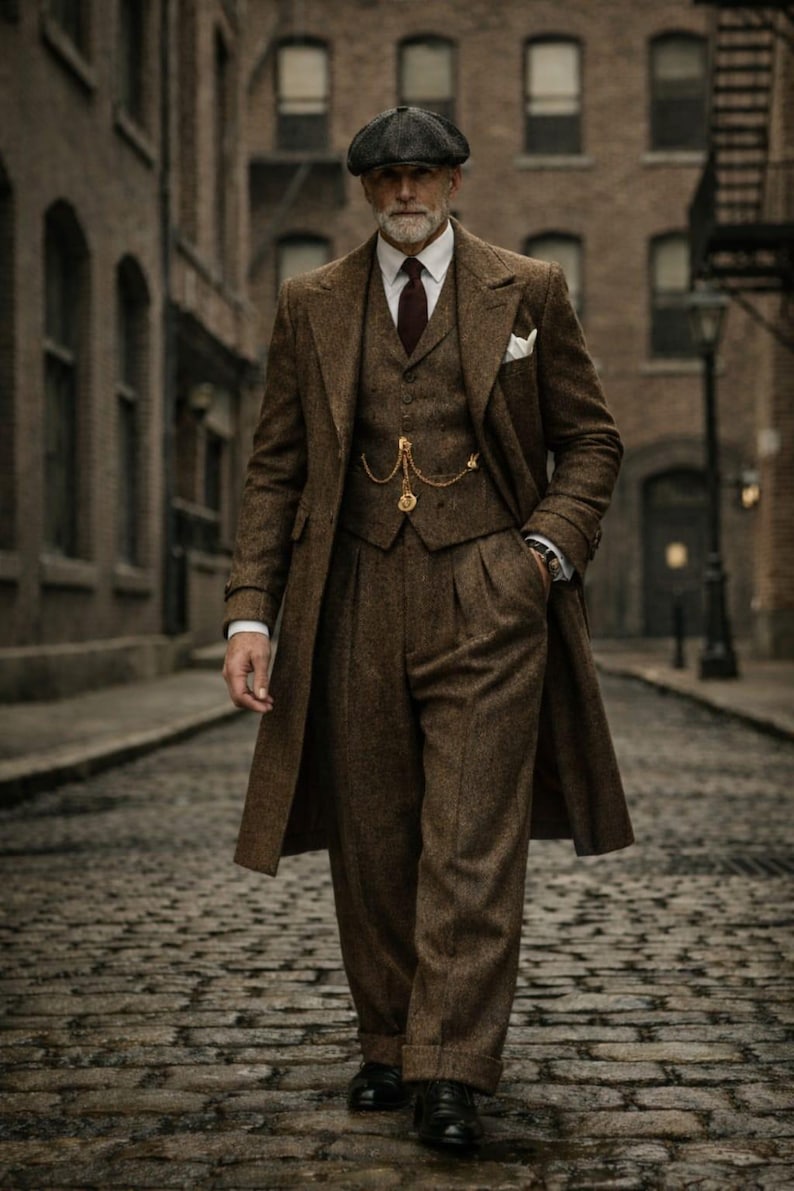 May include: A man in a brown tweed suit, vest, and overcoat walks down a cobblestone street. He wears a flat cap, white shirt, and burgundy tie. A gold pocket watch chain hangs from the vest. The outfit is classic and vintage.