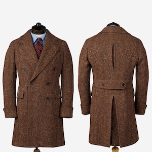 Brown Herringbone Wool Overcoat: Double-Breasted, Wide Lapel Jacket
