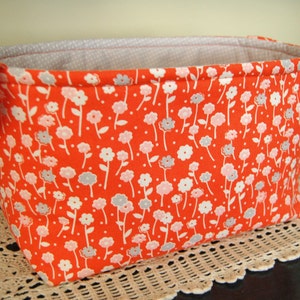 Fabric Basket w/ Floral motif/ fabric gift basket/ Orange and Gray Flower Fabric / Storage and Organization