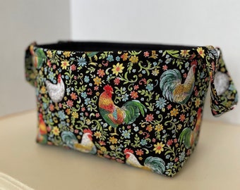 Rooster Fabric Storage Basket w Handles, Gift Basket, Storage & Organization, Country French Roosters