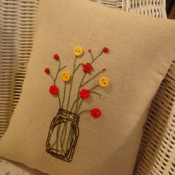 Pillow with Cut Flowers in Mason Jar