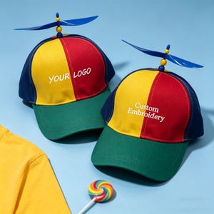 Könnte beinhalten: Zwei bunte Baseballkappen mit Propellern auf der Oberseite. Jede Kappe hat ein gelbes und rotes Feld, einen grünen Schirm und eine blaue Krone. Auf einer Kappe steht "YOUR LOGO" und auf der anderen "Custom Embroidery". Ein gelbes Hemd und ein Lutscher sind ebenfalls zu sehen.