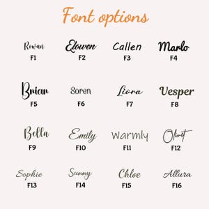 May include: A beige background displays a variety of font options. The words "Font options" are in a cursive, orange font. Sixteen different font styles are shown, each with a sample name and a corresponding number, from F1 to F16.