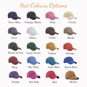 May include: A grid of twenty baseball caps in various colors including navy blue, vintage black, pink, cream, grey, white, coffee, khaki, forest green, army green, yellow, orange, wine, sky blue, lake blue, royal blue, purple, hot pink, red, and mocha.