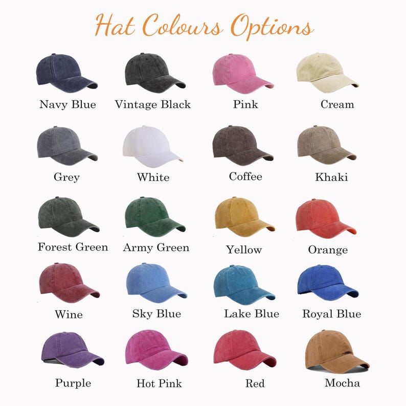 May include: A grid of twenty baseball caps in various colors including navy blue, vintage black, pink, cream, grey, white, coffee, khaki, forest green, army green, yellow, orange, wine, sky blue, lake blue, royal blue, purple, hot pink, red, and mocha.