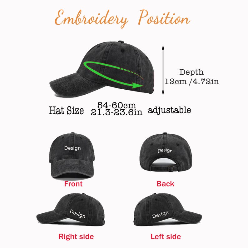 May include: A black baseball cap with a distressed finish, showing embroidery positions on the front, back, and sides. The cap has a depth of 4.72 inches and an adjustable size range of 21.3 to 23.6 inches. Text labels indicate embroidery placement.