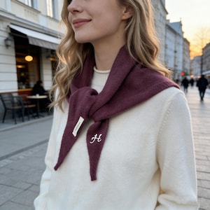 Könnte beinhalten: Burgunderfarbener Schal mit weiß gesticktem "H" und kleinem Etikett. Der Schal wird über einem weißen Pullover getragen. Der Hintergrund zeigt eine verschwommene Stadtstraßenszene.