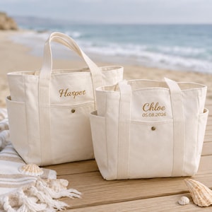 Gepersonaliseerde draagtas voor bruidsmeisjes, canvas tas met geborduurde naam en vakjes, cadeau voor het huwelijksweekend