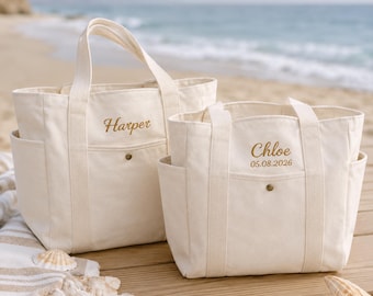Personalized Bridesmaid Tote Bag, Custom Embroidered Name Canvas Bag With Pockets, Wedding Weekend Gift